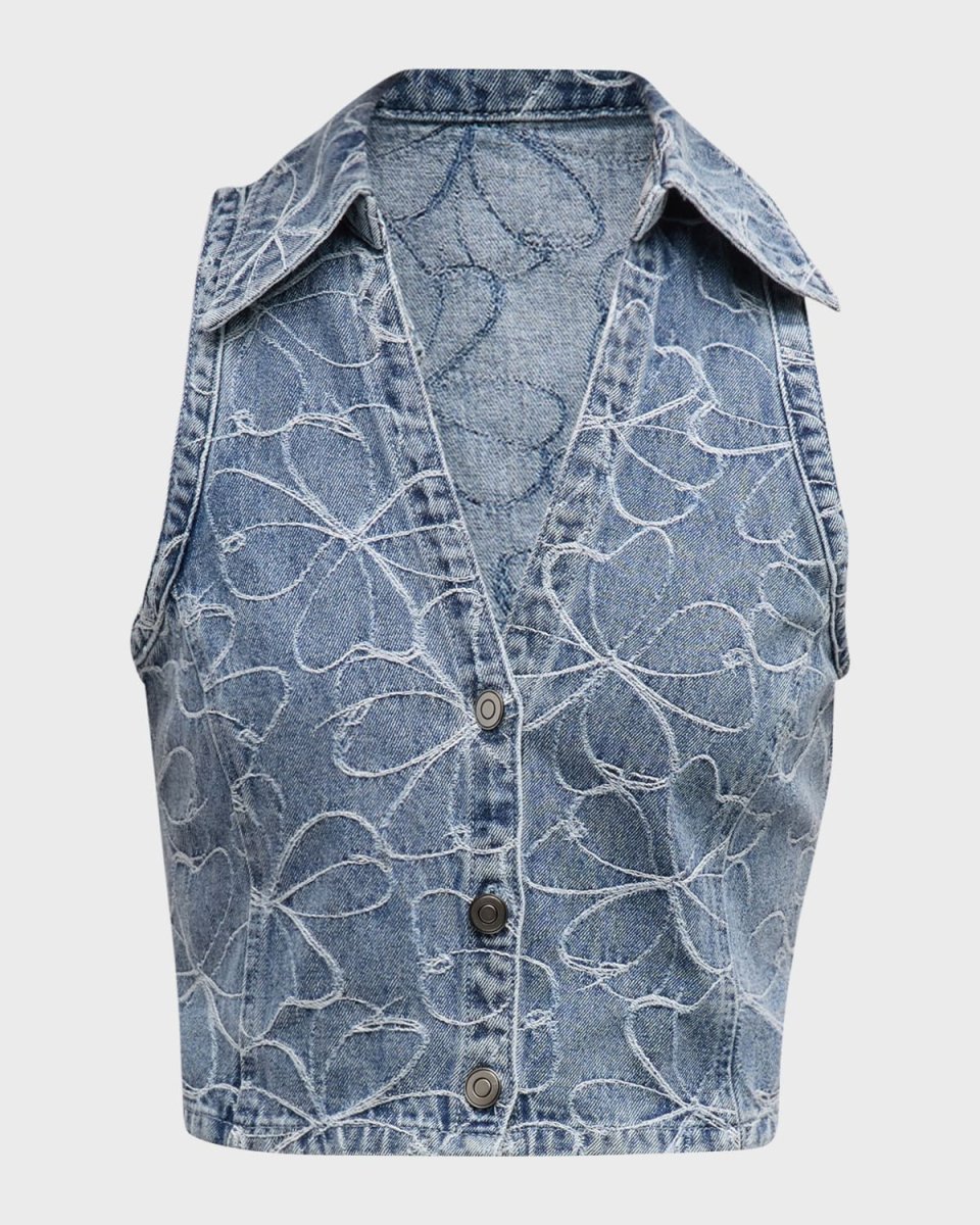 Deacon Floral-Embroidered Denim Vest
